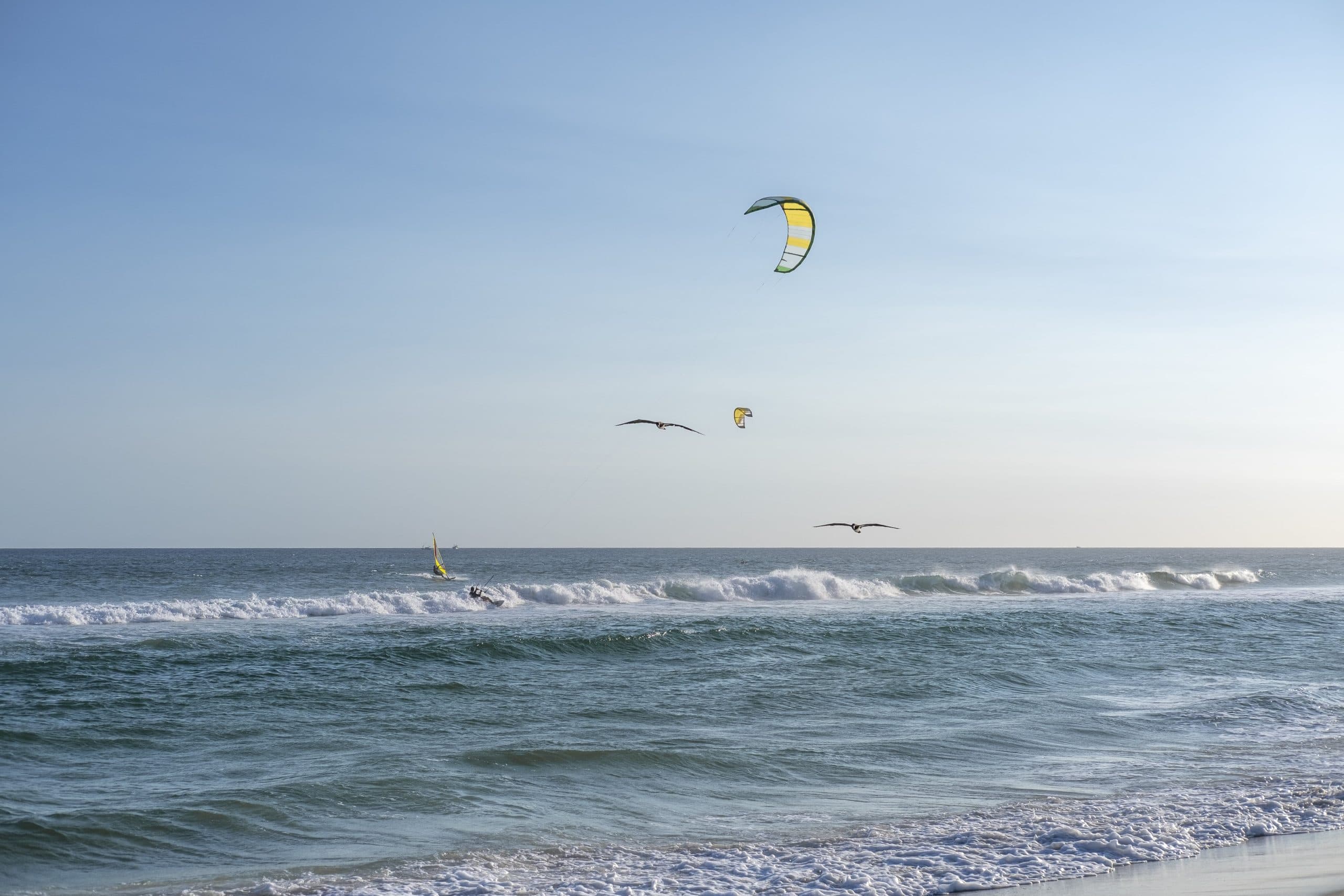 kiteboarders-birds-against-blue-sky-beach-min